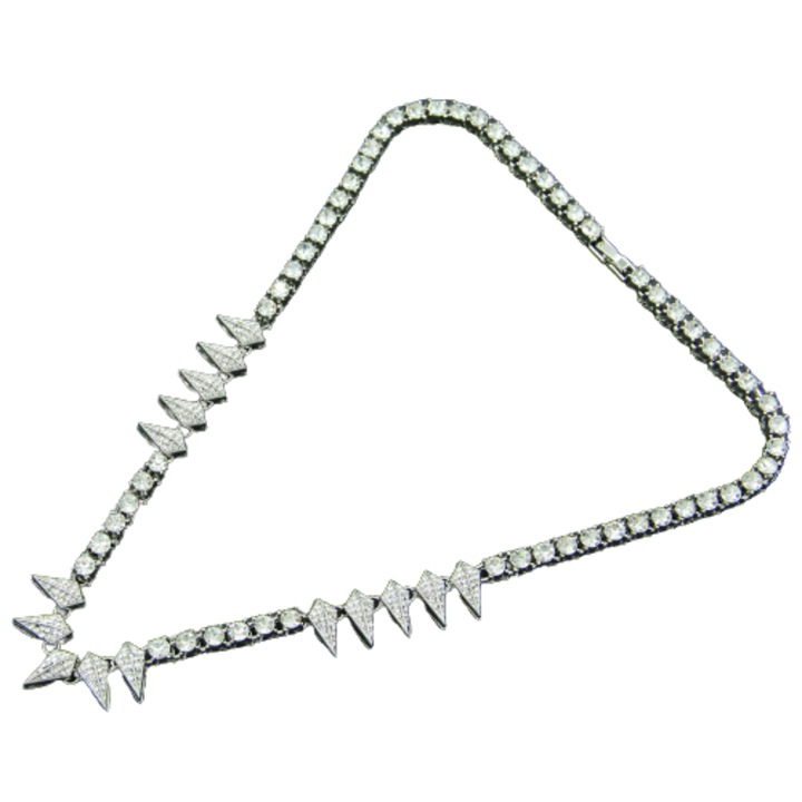 Тенис модел колие с шипове, циркони, покритие от 18K бяло злато, закопчаване с клипс, 50 см, Tessero, унисекс, сребро