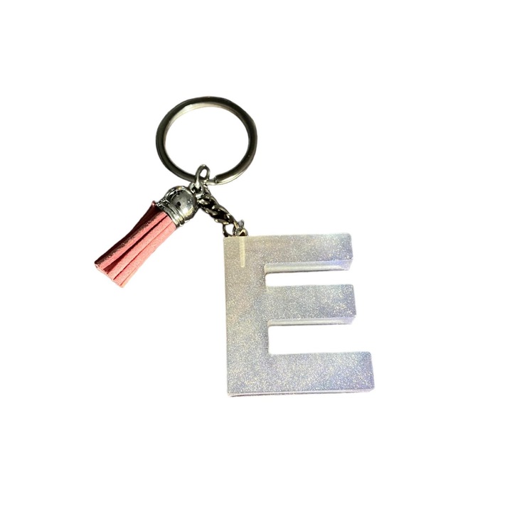 Breloc Gentelo cu initiala E Glitter Clear, design 3D, lungime 4 cm, multicolor