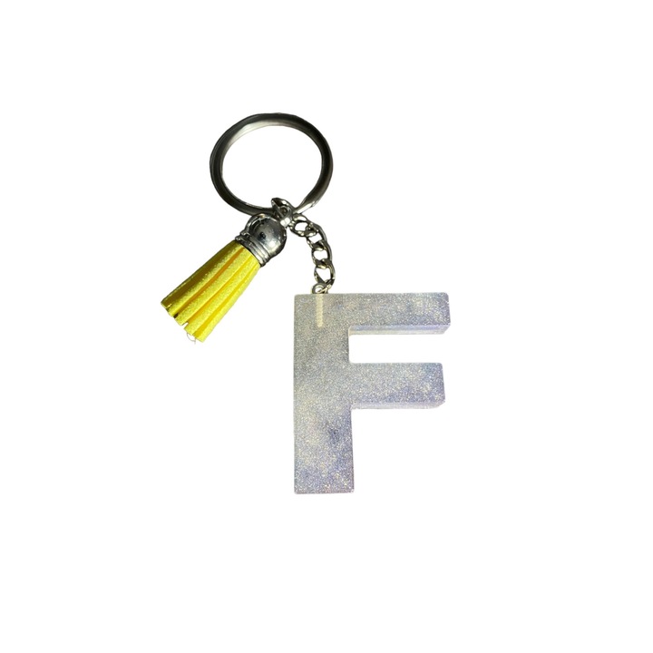 Breloc Gentelo cu initiala F Glitter Clear, design 3D, lungime 4 cm, multicolor