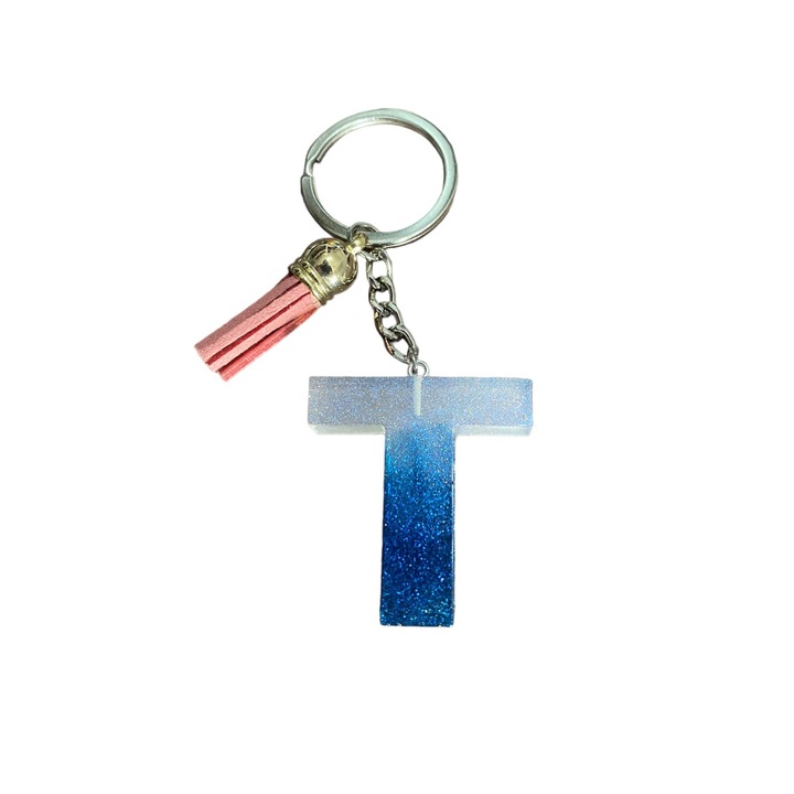 Breloc Gentelo cu initiala T Crystal Blue, design 3D, lungime 4 cm