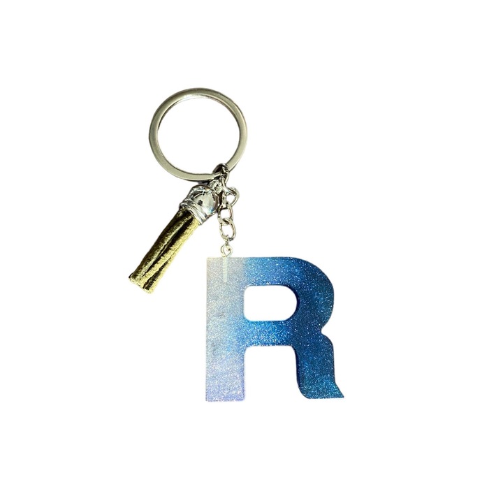 Breloc Gentelo cu initiala R Crystal Blue, design 3D, lungime 4 cm