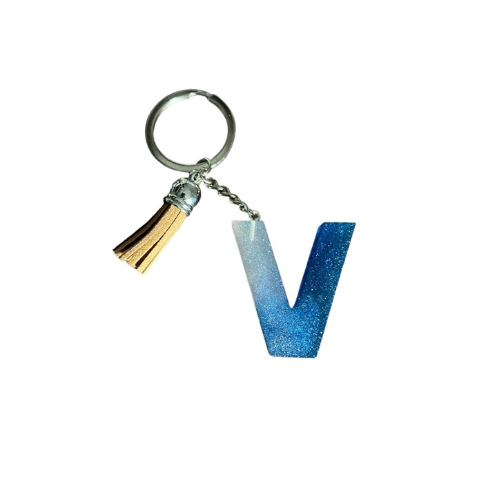 Breloc Gentelo cu initiala V Crystal Blue, design 3D, lungime 4 cm