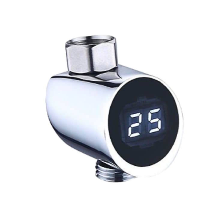 USSPY Digitális hőmérő zuhanyzóhoz vagy kádhoz, digitális kijelzővel, Hőmérséklet érzékelő, 5-85°C, egyszerű felszerelés, zuhanyzó/kád, ezüst színű
