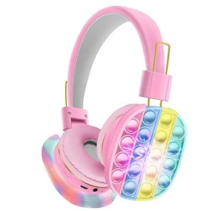 Слушалки Over the Ear за деца, модел Led Pop It Rainbow, безжични, Bluetooth 5.2, удобни, регулируеми и сгъваеми, розови