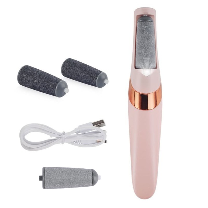 Pila Electrica Profesionala StartONTeam de Indepartare a Calusului piciorului, 4 capete abrazive, Baterie 600 mAh, pentru Calcaiele Crapate, LED, 2 viteze, Roz