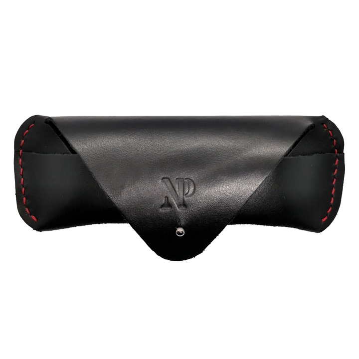 Etui Natty Pell pentru ochelari de soare sau de vedere cusut manual din piele naturala neagra cu cusatura rosie 03NR