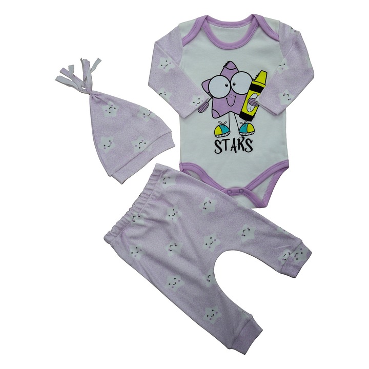 Set 3 Piese, Body, Pantaloni Lungi Si Caciulita "Star" Bebelusi Fetite,100% Bumbac, Mov liliachiu