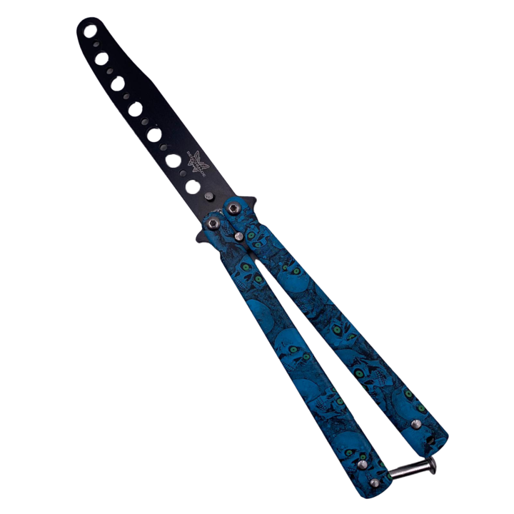 Briceag Fluture Fara Tais pentru Antrenament, Butterfly, Balisong, 22 cm, Model Cranii, Albastru, Dalimag