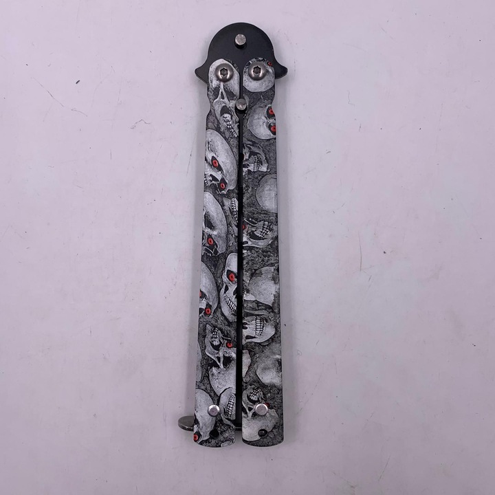 Briceag Fluture Fara Tais pentru Antrenament, Butterfly, Balisong, 22 cm, Model Cranii, Alb, Dalimag