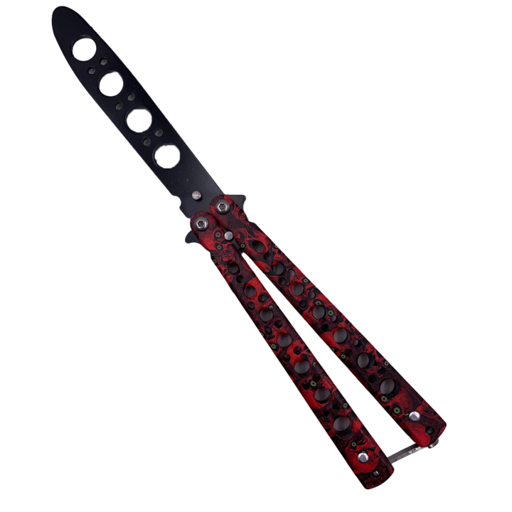 Briceag Fluture Fara Tais pentru Antrenament, Butterfly, Balisong, 22 cm, Model Cranii, Rosu, Dalimag