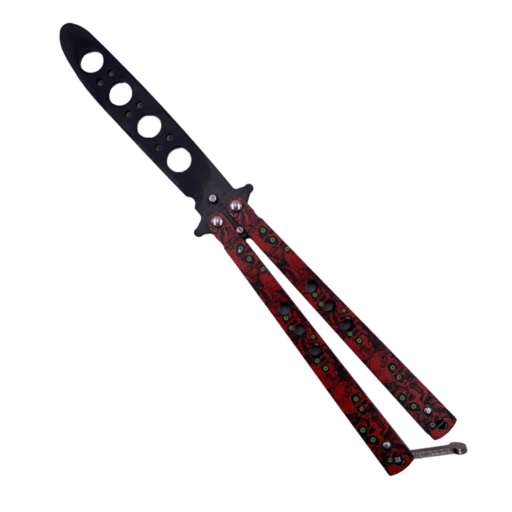 Briceag Fluture Fara Tais pentru Antrenament, Butterfly, Balisong, 22 cm, Model Capete de Mort, Rosu, Dalimag