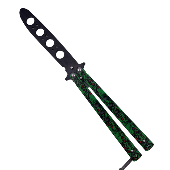 Briceag Fluture Fara Tais pentru Antrenament, Butterfly, Balisong, 22 cm, Model Capete de Mort, Verde, Dalimag
