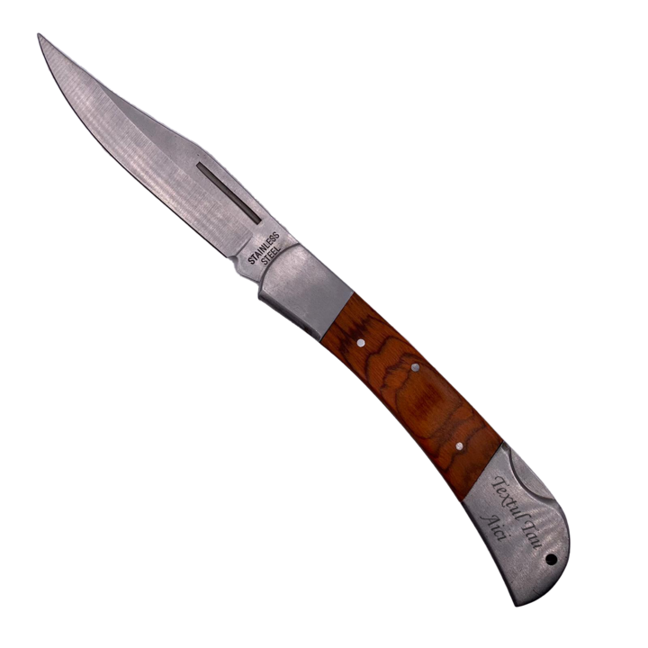 Briceag Deschidere Manuala Personalizat cu Textul Tau, Model Curbat, Maner Lemn, 26 cm, Dalimag
