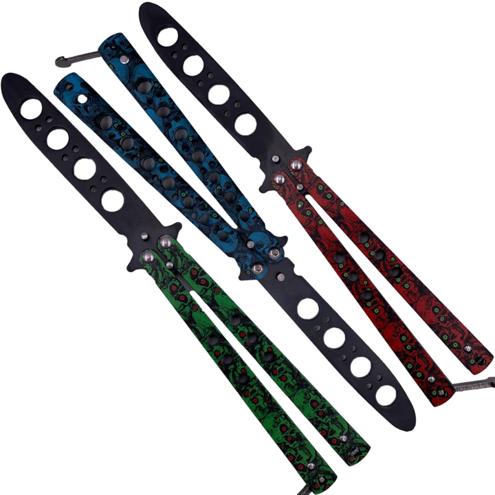 Kit 3x Briceag Fluture Fara Tais pentru Antrenament, Butterfly, Balisong, 22 cm, Model Capete de Mort, Dalimag