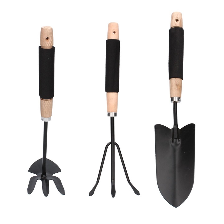 Set unelte de gradinarit, maner lemn, grebla, cultivator, lopata