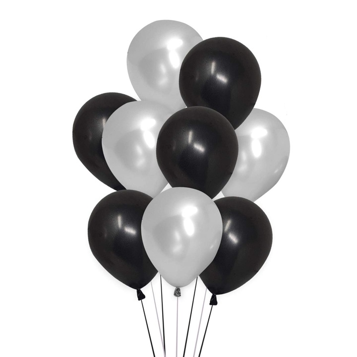Set 10 baloane latex, Argintiu/Negru, 30cm, Ropet
