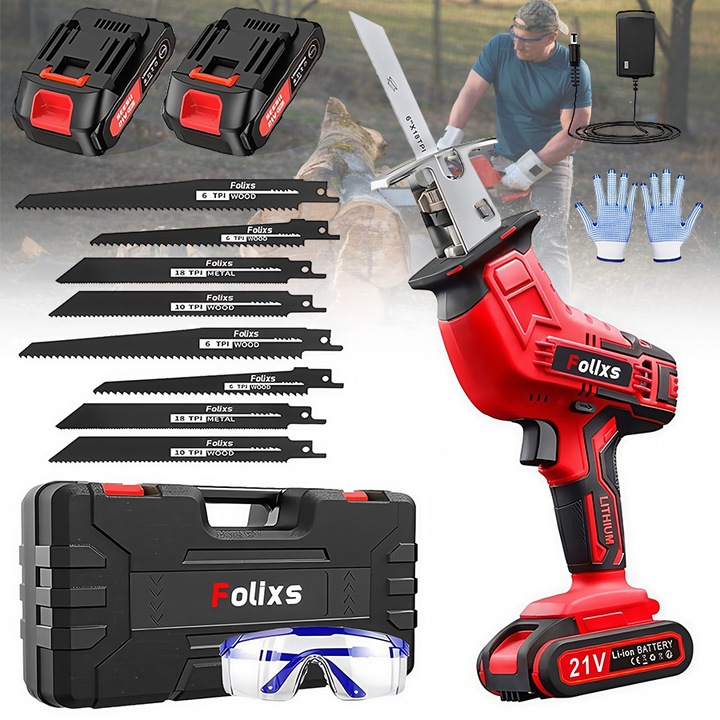 Fierastrau sabie, Folixs®, 3000 RPM, 2 Baterii, 8 Panze, led iluminare, Schimbare rapida a lamei, Viteza variabila, Rosu