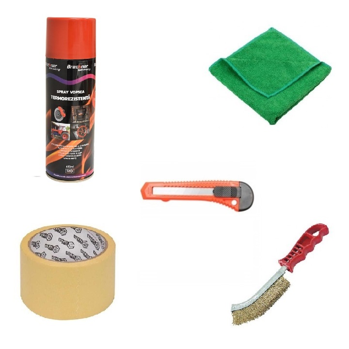 Kit complet Vopsea Termica, Etrieri, Spray Rosu, 450ml, Banda acopeire, Perie sarma, Cutter, Laveta Microfibra