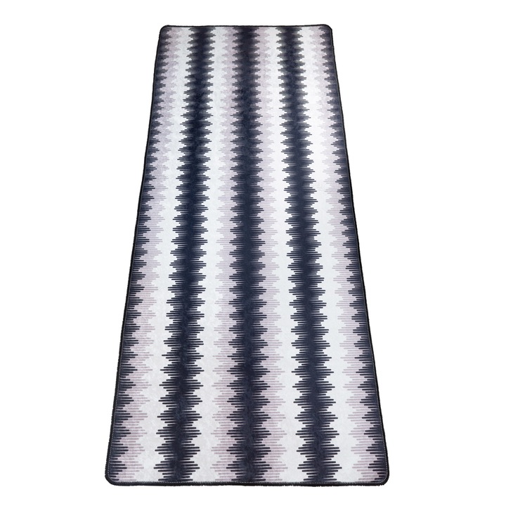 Covor bucatarie Kino Black Lines, 70x140cm, poliester 100%, inaltime plus 6 mm, gramaj 800 g/mp, antialunecare, dos PVC cu puncte, model 5 linii paralele