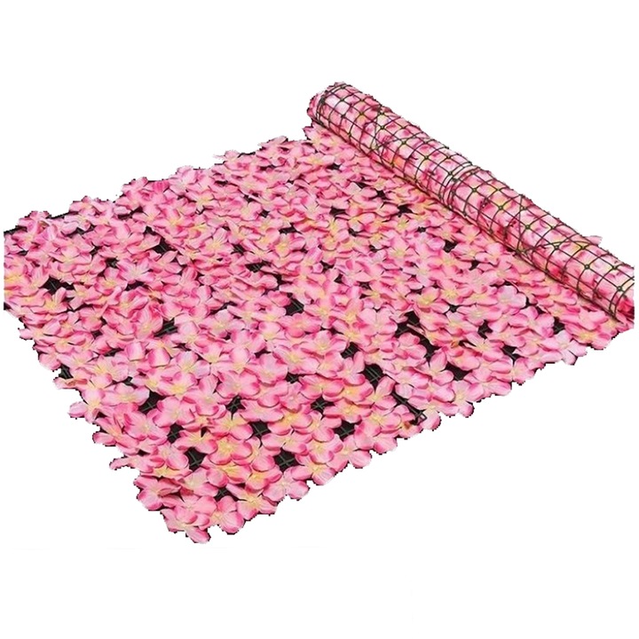 Rulou Artificial de Gard Viu din PE Anti-UV, Flori Roz, 100x100 cm