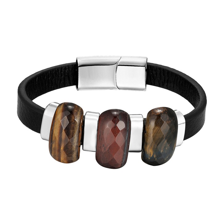 Bratara piele naturala BeSpecial cu Ochi de Tigru si inchizatoare din inox, Negru, 21 CM