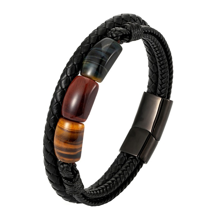 Természetes bőr karkötő Tigrisszemmel és fekete rozsdamentes acél kapcsokkal, BeSpecial, BATI0050_21, Hossz 21 cm