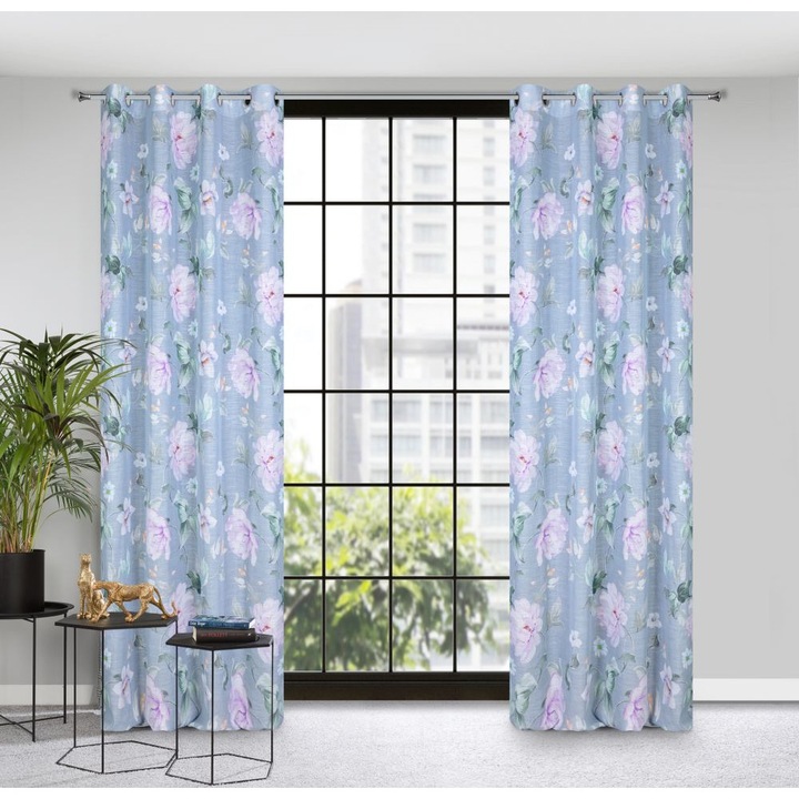 Завеса Eurofirany FLORA, Метални халки, синьо с цветя, 140x250 см