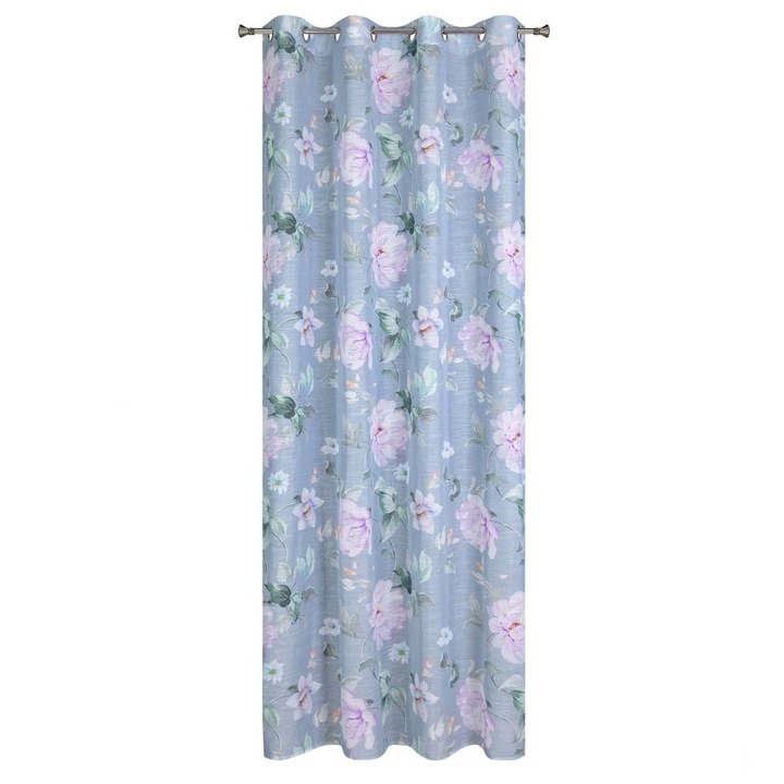 Завеса Eurofirany FLORA, Метални халки, синьо с цветя, 140x250 см