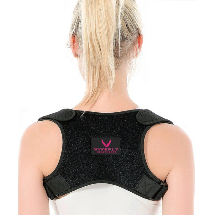 Corector de postura Vivefly pentru indreptare spate, coloana si umeri, Negru, Marime reglabila
