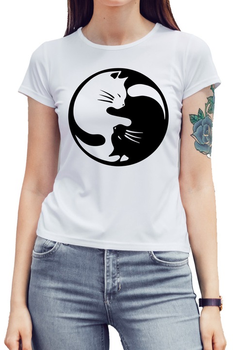 Tricou Dama Yin si Yang Cat, Ruvix, 100% Bumbac, Alb, S