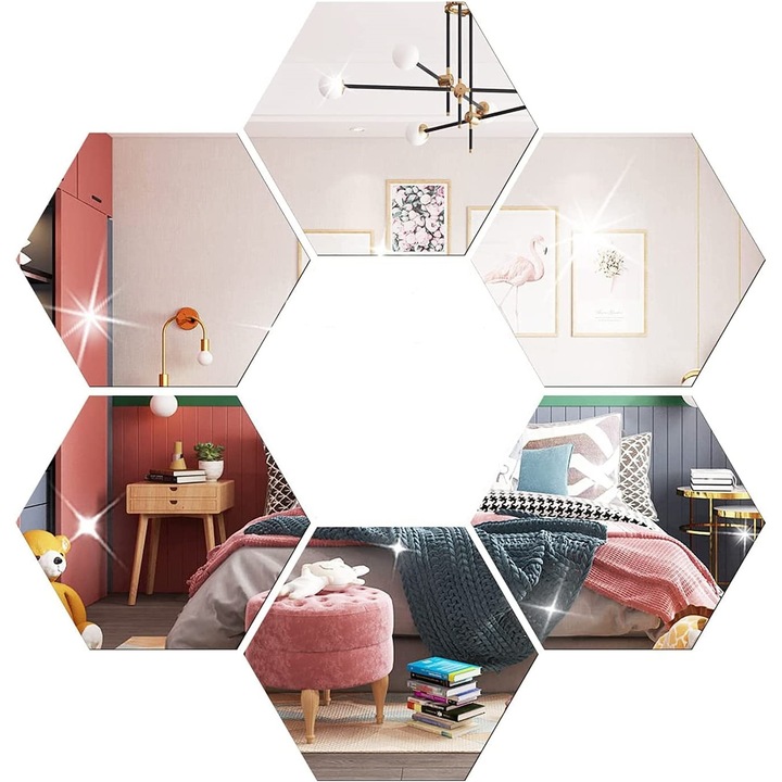 Set 6 Oglinzi Acrilice Autoadezive Luxer, Model Hexagon,12.5x11x6.4 cm, Silver