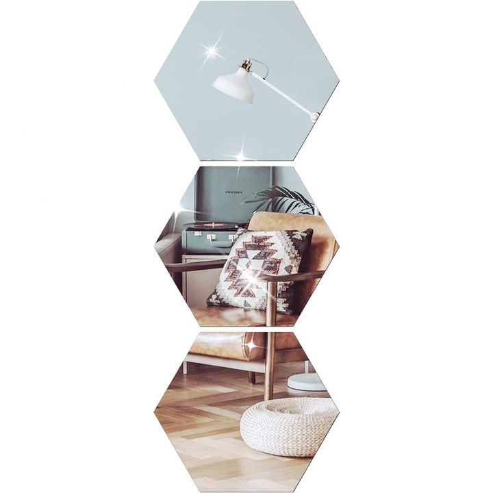 Комплект от 3 декоративни акрилни огледала Luxer, модел шестоъгълник, 12,5x11x6,4 см, сребристи