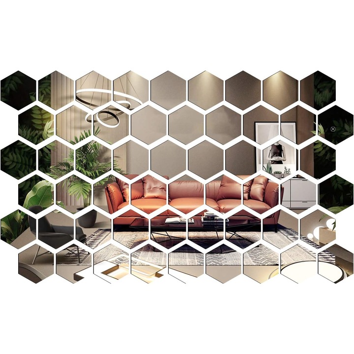 Set 64 Oglinzi Acrilice Autoadezive Luxer, Model Hexagon,12.5x11x6.4 cm, Silver