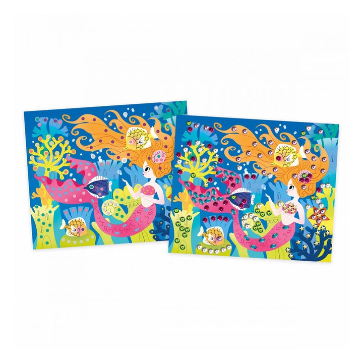 Set creativ mozaic, Janod, Sirene, 5 carduri cu model, 6 ani+