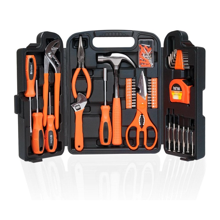 Set scule 46 piese, Profi tools, Cutie depozitare, Ciocan/Cheie/Ruleta, Negru/Portocaliu