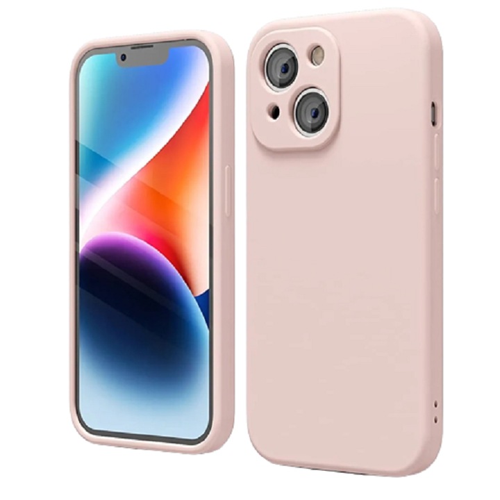 Husa silicon antisoc cu protectie camera si microfibra in interior compatibila cu Iphone 14 Roz