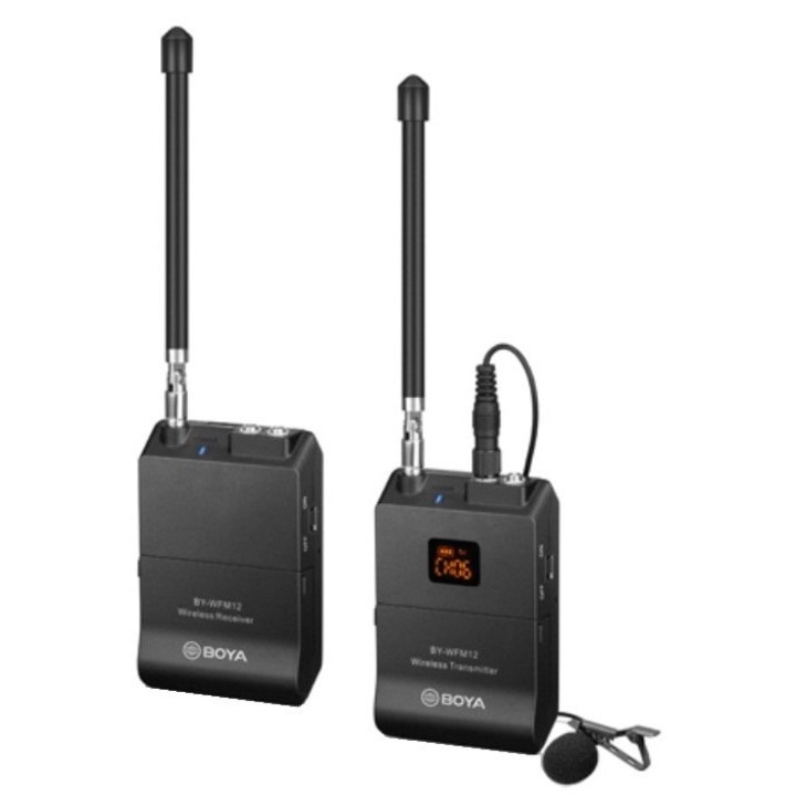 Sistem wireless Boya BY-WFM12 cu Microfon lavaliera Transmitator si Receiver