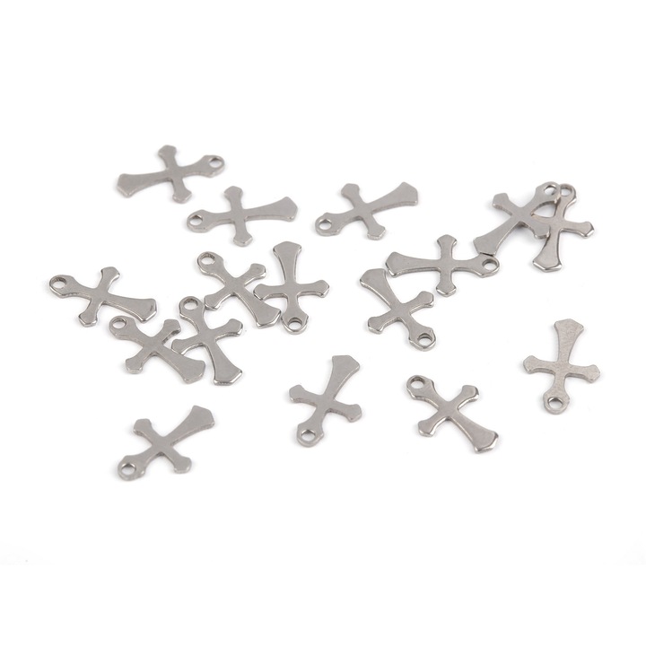 Set 10 pandantive decorative metalice, 9 x 13 mm Cruciulite argintii