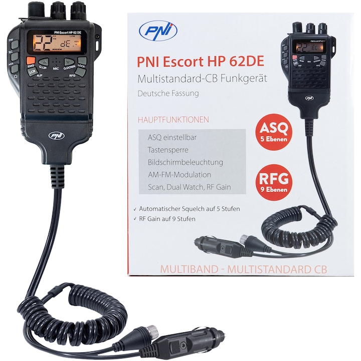 Statie radio CB portabila PNI Escort HP 62DE German version, multi standard, 4W, 12V, AM-FM, ASQ reglabil pe 5 niveluri, RF Gain pe 9 niveluri, Dual Watch, Scan, Lock