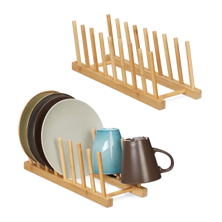 Set 2 suporturi pentru farfurii si capace, din bambus, 12 x 12,5 x 34 cm