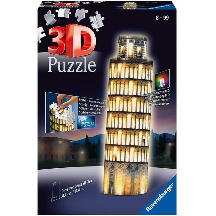 3D пъзел Ravensburger - Наклонената кула в Пиза, С LED светлини, 216 части