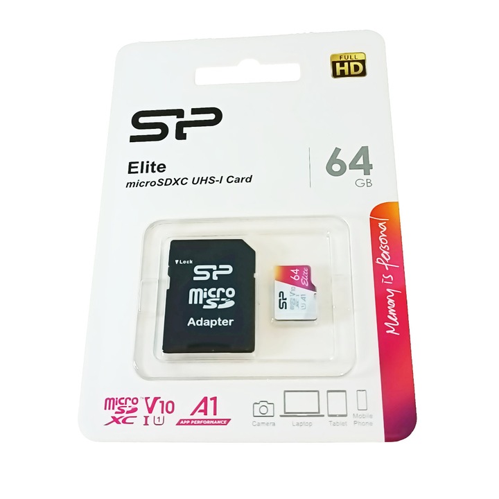 Card de memorie MicroSDXC 64 Gb, Silicon Power Elite, UHS-I U1, A1, clasa 10, cu adaptor 64 GB