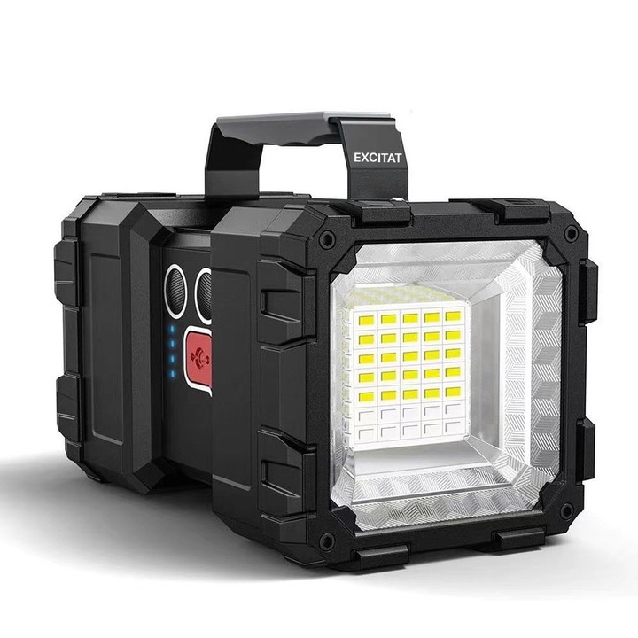 Lanterna LED, Excitat, ABS, Incarcare USB, Rezistenta la apa, 800m, 120000Lm, 4 moduri de lanterne, 10000mAh, 21x10x14.5 cm, Negru