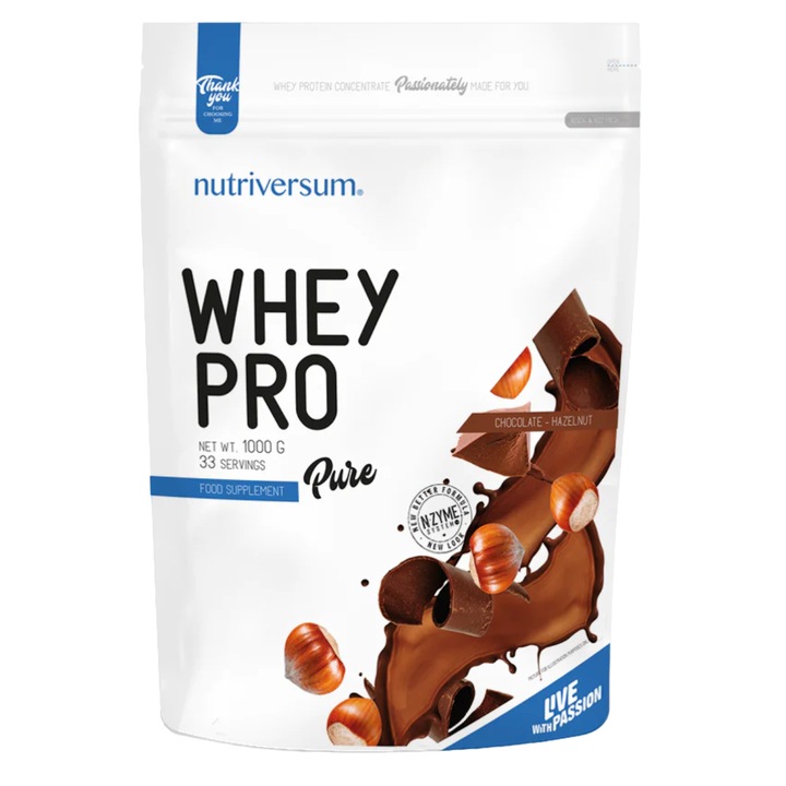 Pudra proteica, PURE Whey Pro, Ciocolata cu Alune, Nutriversum, 1000 g