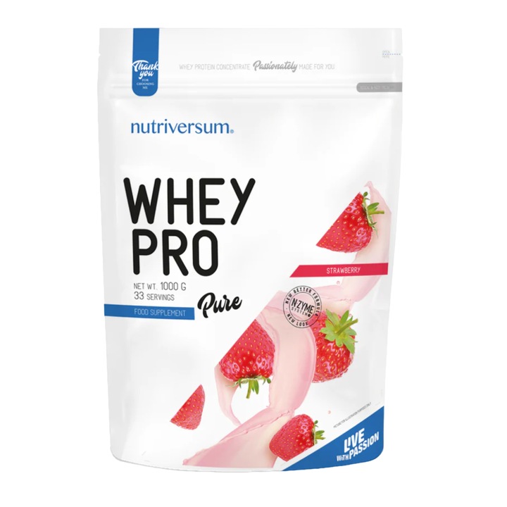 Pudra proteica, PURE Whey Pro, Capsuni, Nutriversum, 1000 g