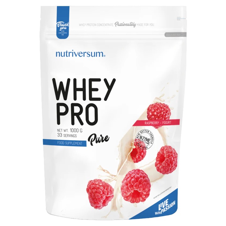 Pudra proteica, PURE Whey Pro, Iaurt cu Zmeura, Nutriversum, 1000 g