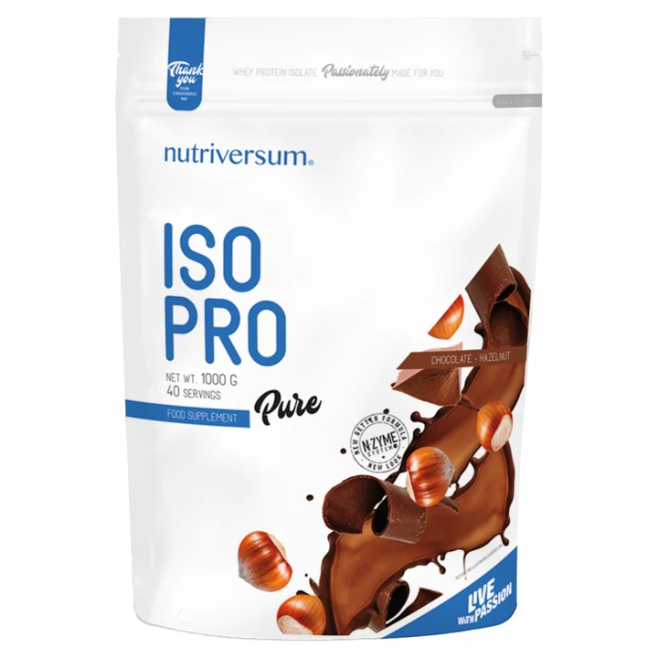Pudra proteica, PURE Iso Pro, Ciocolata cu Alune, Nutriversum, 1000 g