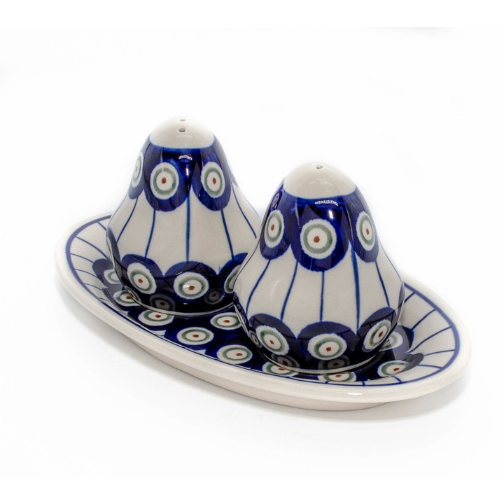 Set 2 recipiente sare si piper cu tava Peacock Eyes, ceramica smaltuita, pictata manual, 6,4/18,4 x 10,4 cm,, Zaliano