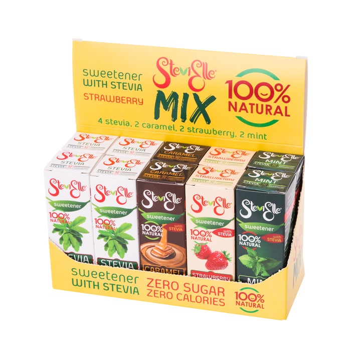 Indulcitori cu Stevia SteviElle, Mix 10 sticlute*10ml, 100 de portii, 100% natural, Fara zahar