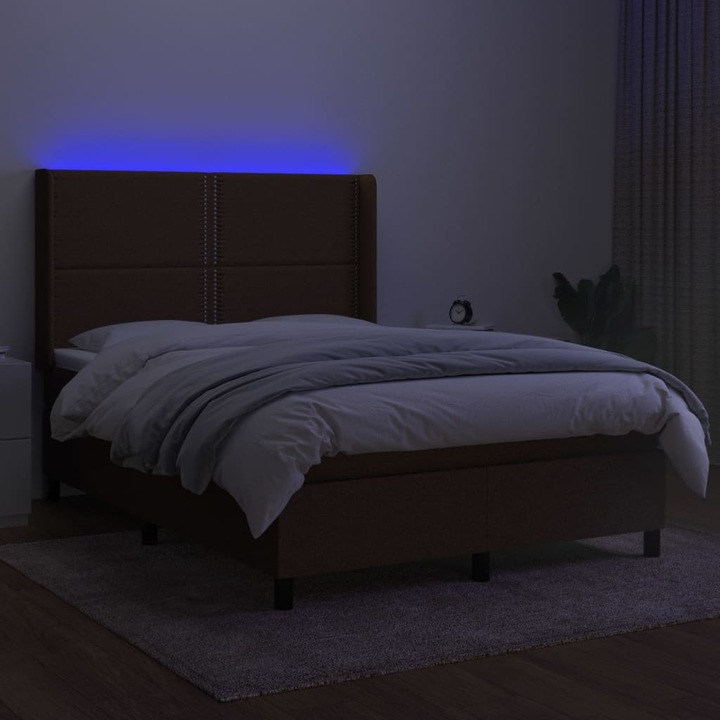 Pat cu arcuri vidaXL, saltea si LED, maro inchis, 140x200 cm, textil, 59.27 kg 3138240